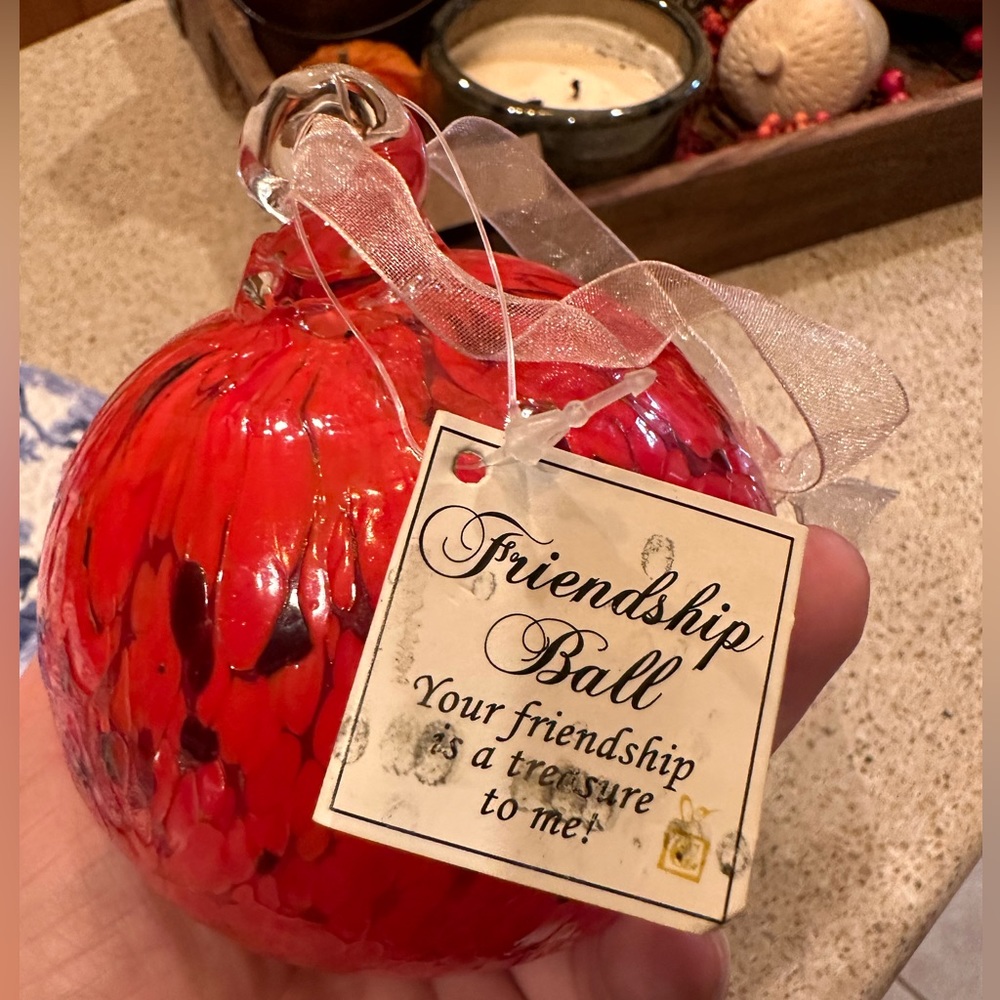 HANDCRAFTED Blown Glass FRIENDSHIP Beautiful Red  Multicolor ORNAMENT 4.5-5”